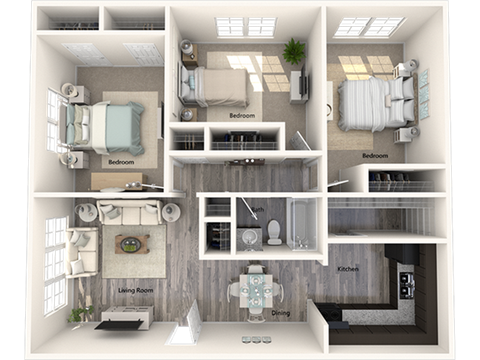a 3 bedroom floor plan with a bathroom and a living room