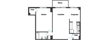the floor plan of a bedroom apartment with a living room and a dining room