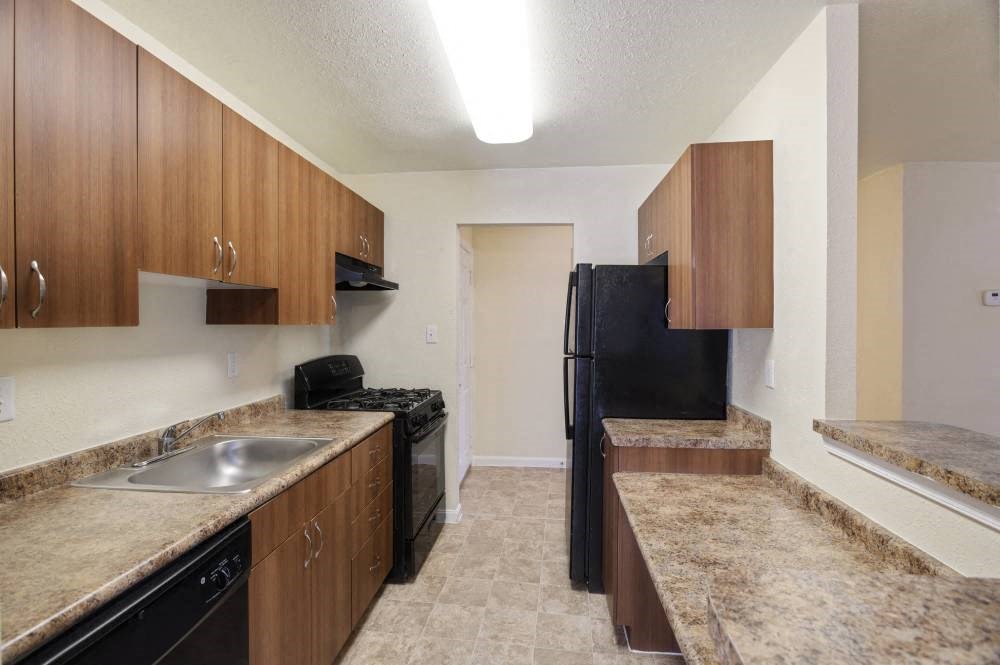a kitchen with a black refrigerator freezer next to a stove top oven