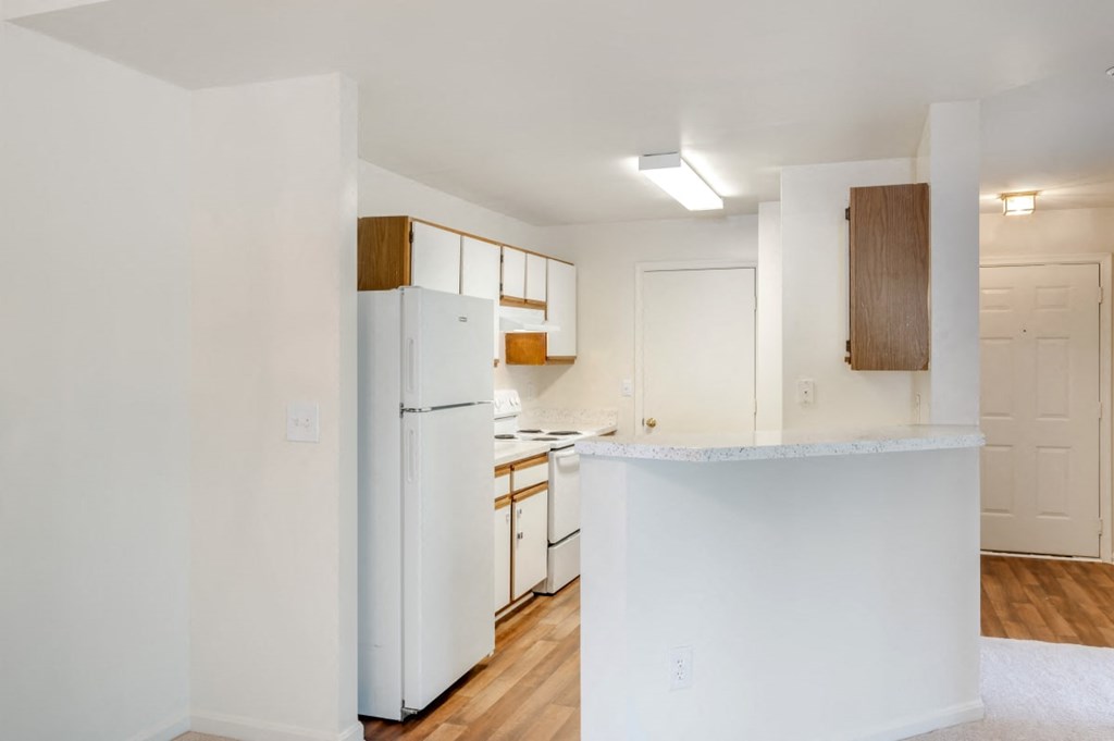 a kitchen with a white refrigerator and a counter top