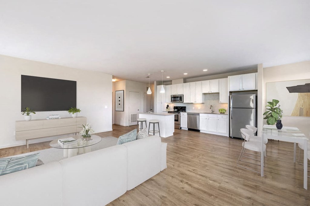 a living room with a couch and a table