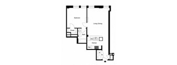 a floor plan of a studio apartment with a bedroom and a living room