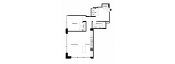 a black and white floor plan with a kitchen and a living room