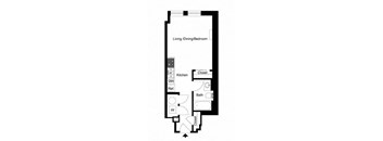 the floor plan of a small room with a kitchen and a bedroom