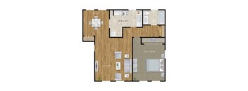 A floor plan of a house with a living room, dining room, kitchen, and two bedrooms.