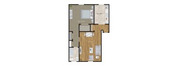 A floor plan of an apartment with a living room, kitchen, and two bedrooms.