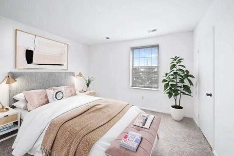 A bedroom with a large bed, a potted plant, and a window.