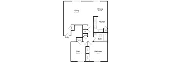 A floor plan of a small apartment with a living room, dining room, kitchen, bathroom, den, and two bedrooms.