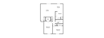 A floor plan of a two bedroom apartment with a living room, kitchen, dining room, and bathroom.