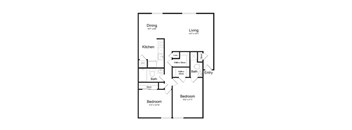 A floor plan of a house with a living room, dining room, kitchen, two bathrooms, and two bedrooms.