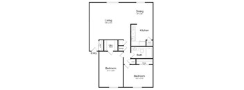A floor plan of a house with a living room, two bedrooms, a kitchen, a bathroom, and a storage area.