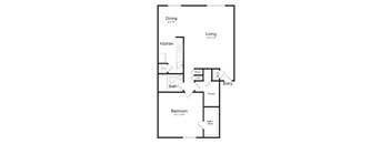 A floor plan of a small apartment with a kitchen, living room, bedroom, and bathroom.