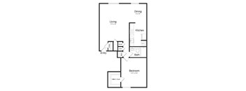A floor plan of a small apartment with a living room, kitchen, dining room, entry, bathroom, and bedroom.