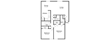 A floor plan of a small apartment with a living room, kitchen, two bathrooms, and two bedrooms.