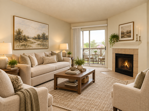 A living room with a fireplace, couch, and painting on the wall.