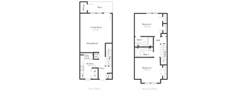 A floor plan of a two-story house with a living room, dining room, kitchen, two bathrooms, and two bedrooms.