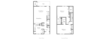 A floor plan of a two-story house with a living room, dining room, kitchen, two bedrooms, a bathroom, and a patio.