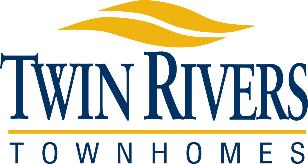 A logo with the words "Twin Rivers Townhomes" in blue and yellow.