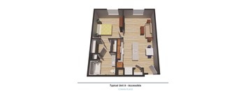 1 bedroom Type A, 3D Floorplan Rendering