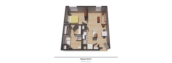 1 bedroom Type C, 3D Floorplan Rendering