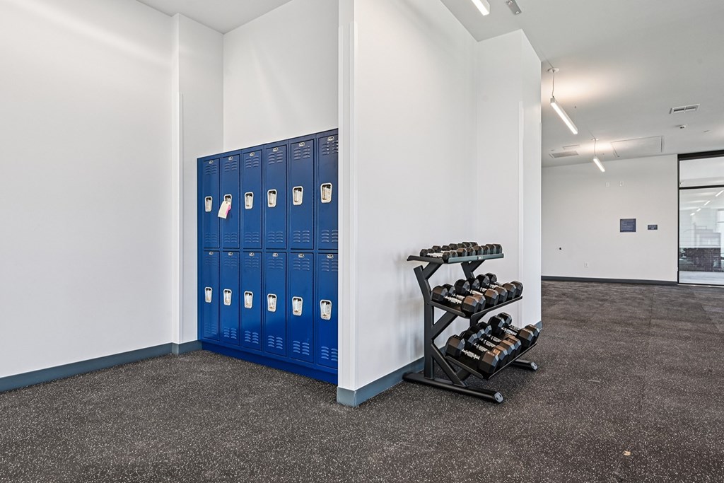 A row of blue lockers in a white hallway.