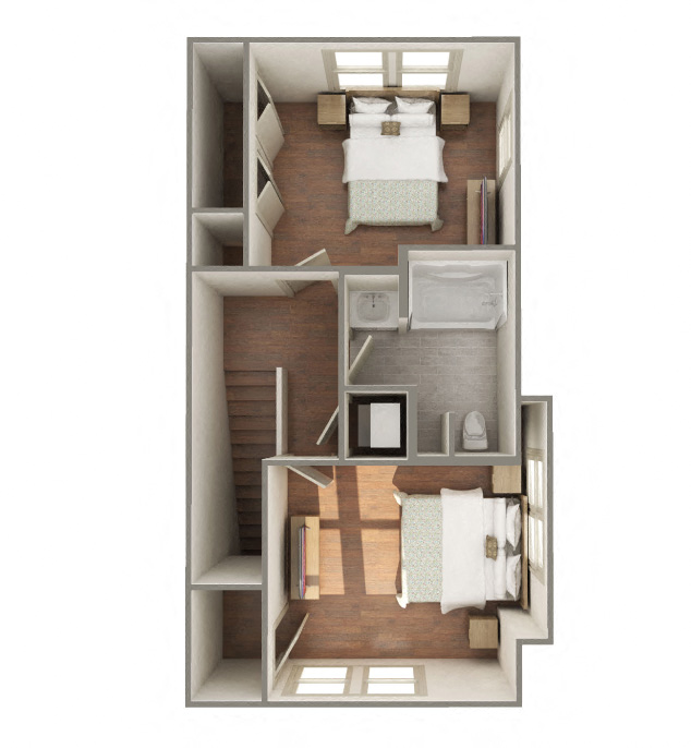 2 Bedroom 1 Bathroom B2 Style-Furnished 3D Floorplan-The Lofts at Southside, Durham, NC