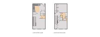 floor plan of the second floor and floorplan of the first floor of a 2 bedroom 2 bath townhouse at Cedars at Carver Park