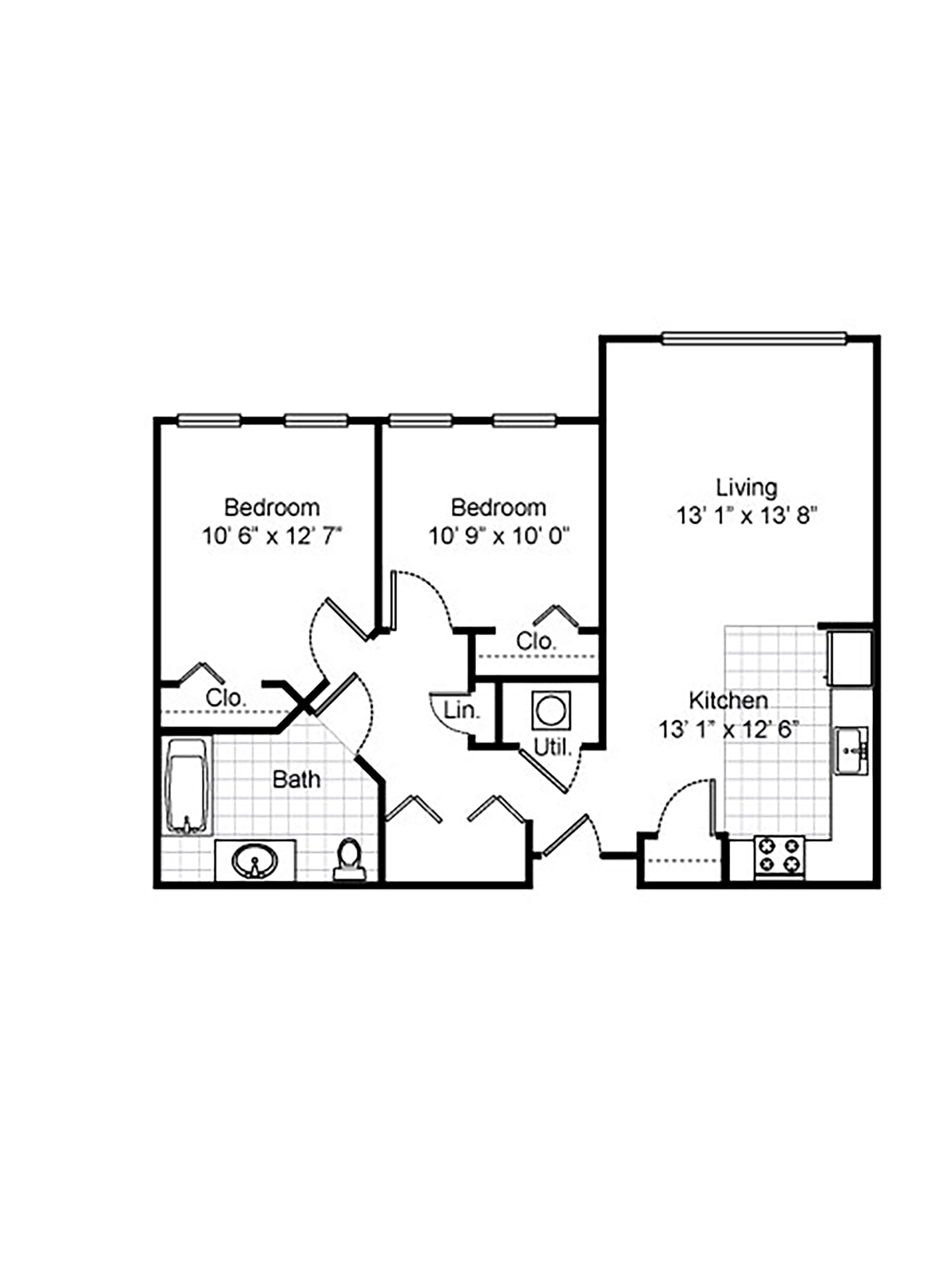 Type 1, 2 Bedroom 1 Bath 2D Floorplan at Tremonte Apartments