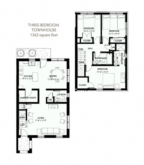 3 Bedroom 2.5 Bath Townhouse 2D Floorplan, West Park Apartments, Tulsa, OK