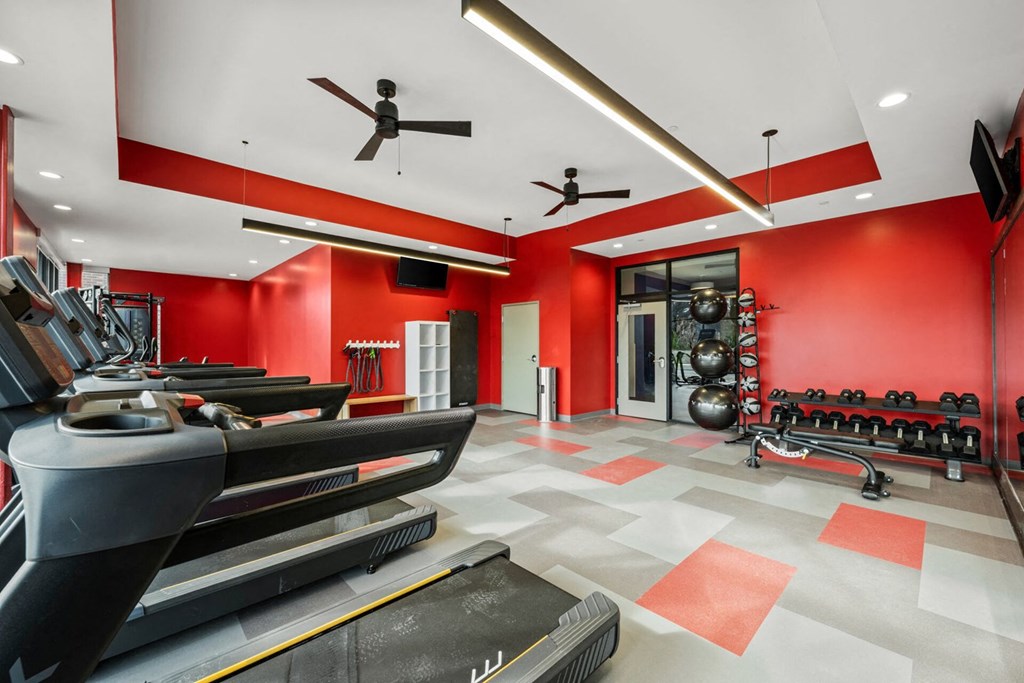 A treadmill is in the foreground of a gym with red walls.