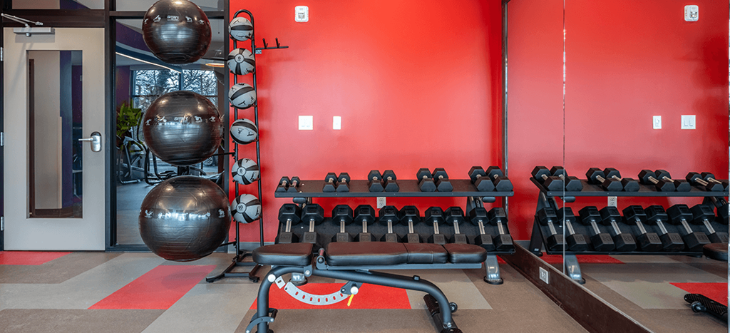 Aura at Innovation apartments gym with a row of dumbbells