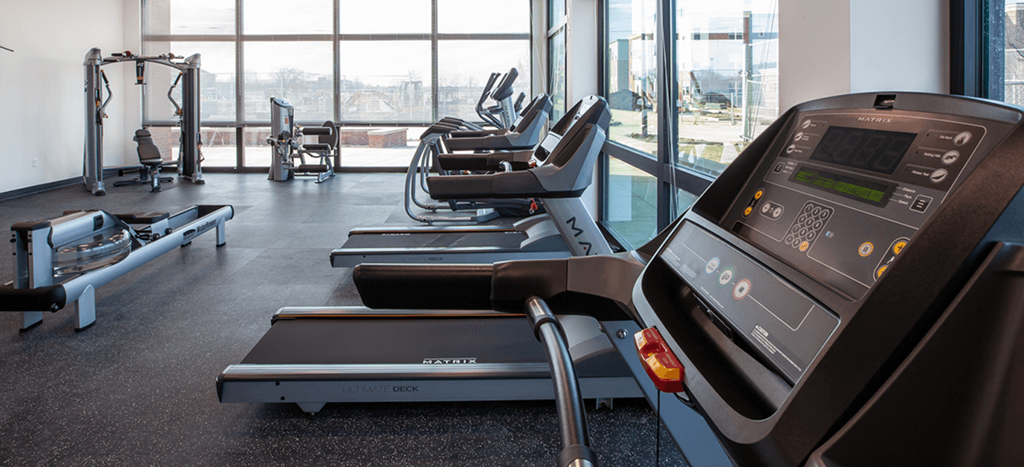 a row of treadmills in a gym with a large amount of windows and other gym equipment