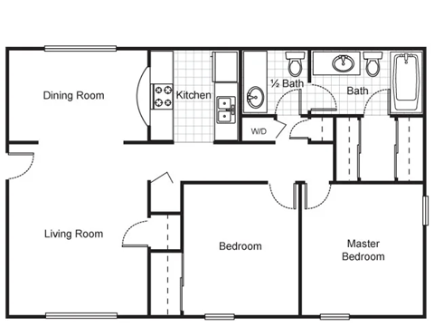A floor plan of a small apartment with a living room, dining room, kitchen, two bedrooms, and a bathroom.