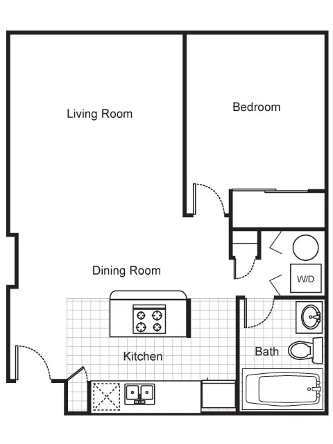 A floor plan of a small apartment with a living room, bedroom, dining room, kitchen, and bathroom.