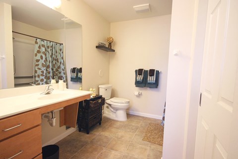 a bathroom with a toilet and a sink and a mirror at Cambridge Senior Living