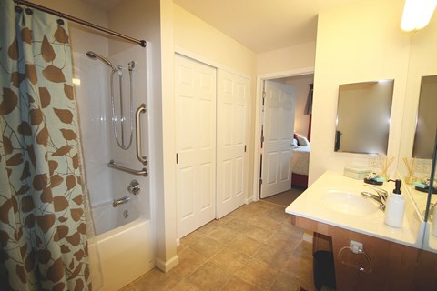 a bathroom with a shower and a sink and a mirror at Cambridge Senior Living