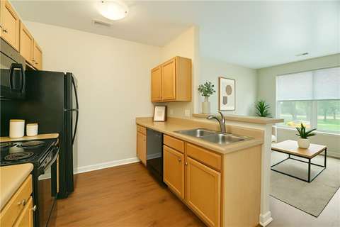 A kitchen with wooden cabinets and a black fridge.