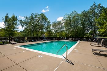 A swimming pool surrounded by trees and a fence.