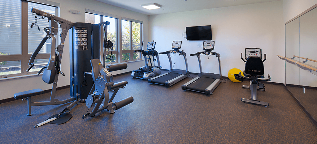 a gym with various cardio equipment and a tv