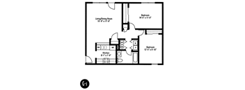 Two bedroom one bathroom garden apartment floorplan for Crawford Square Apartments