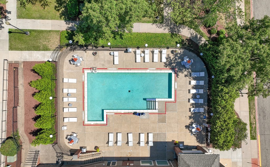 a birds eye view of a pool at Crawford Square Apartments & Townhomes