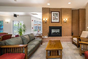 a living room with a couch and a fireplace