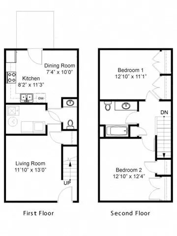 Duneland Village two bedroom townhouse floor plan with one and a half bathrooms