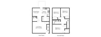 Three bedroom floorplan of Duneland Village Townhouse with 1.5 bathrooms