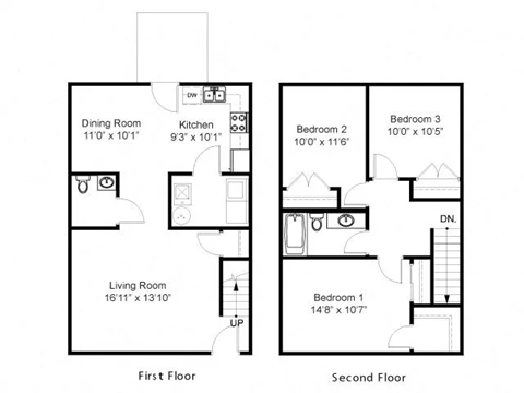 Three bedroom floorplan of Duneland Village Townhouse with 1.5 bathrooms