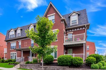 A red brick house with a tree in front.