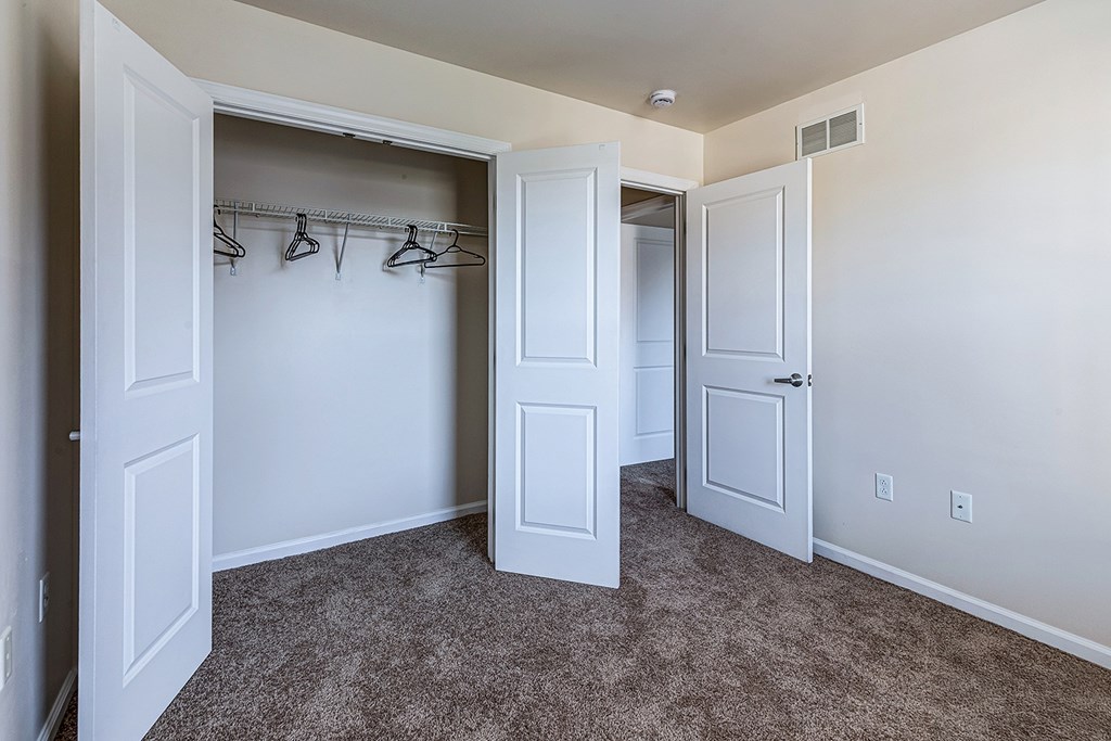 A room with a carpeted floor and a closet with clothes hangers.