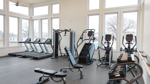 A gym with treadmills, exercise bikes, and other equipment.
