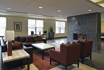 a living room with couches chairs and a fireplace