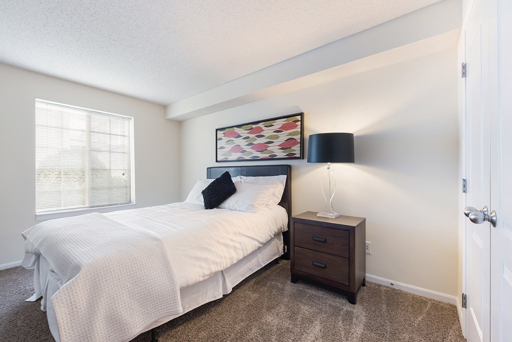 a bedroom with a bed and a dresser and a window